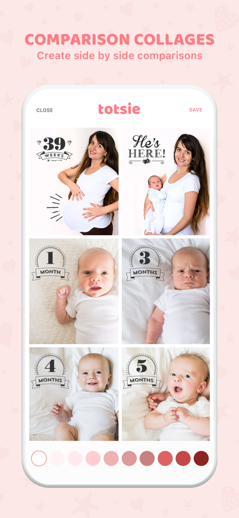 Screenshot of the Totsie app showing a photo collage of pregnancy and baby milestones