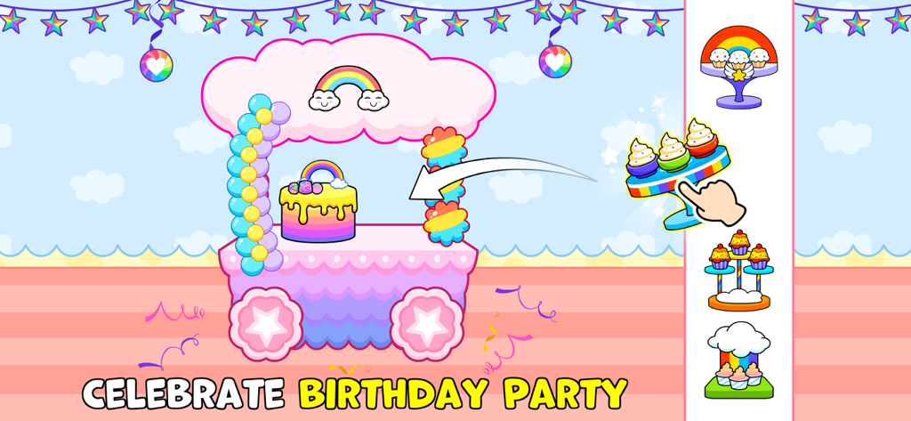 Una colorata scena di festa di compleanno nell'app Timpy Town World con una torta arcobaleno e cupcake