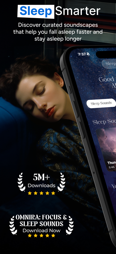 Omnira: Focus & Sleep Sounds - Promotional image for Omnira app featuring a woman sleeping and the sleep soundscapes interface.