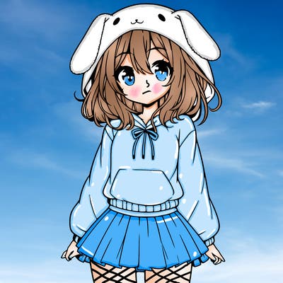 pretty anime girl wearing a fluffy hoodie with bunny ears on the hood and a skirt