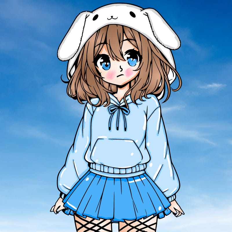 pretty anime girl wearing a fluffy hoodie with bunny ears on the hood and a skirt