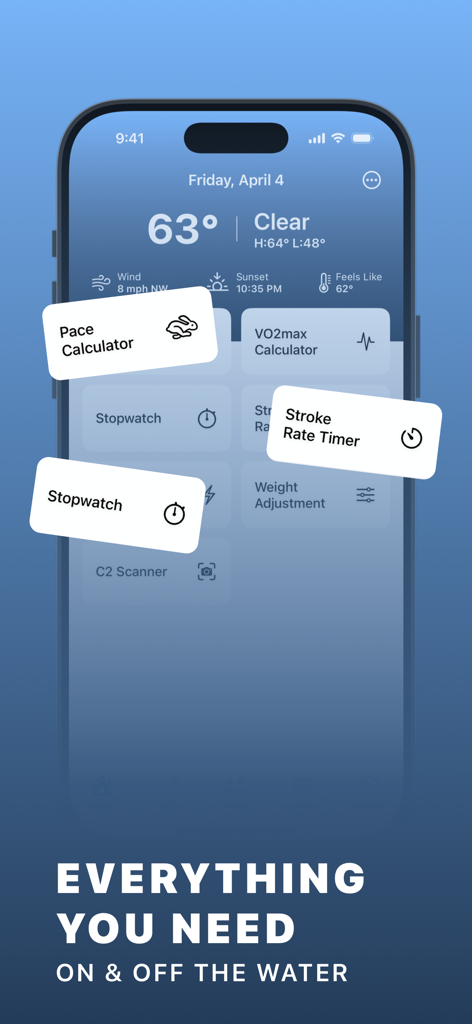 Dashboard of The Rowing App showing essential coaching tools like pace calculator, stroke rate timer, and stopwatch.