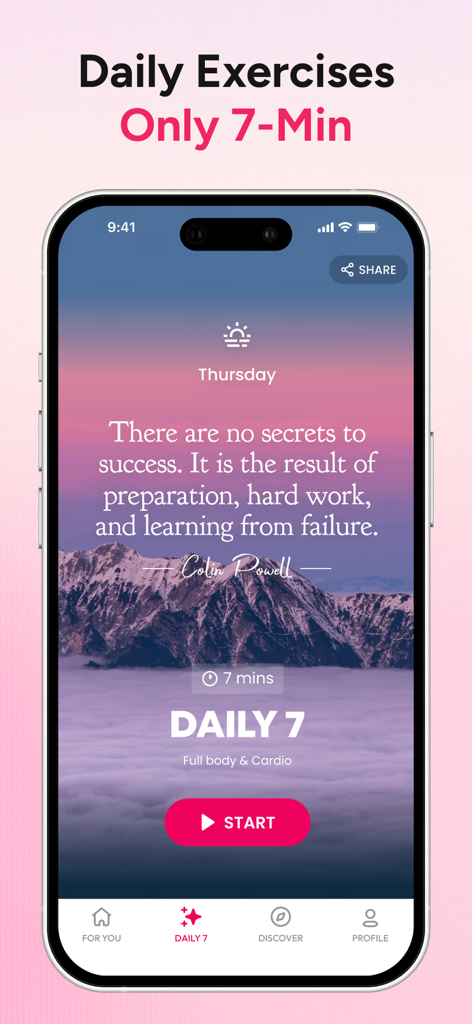 Daily 7-minute full body and cardio workout screen with an inspirational quote