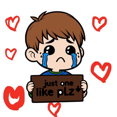 realistic crying boy with a sign saying just one like plz