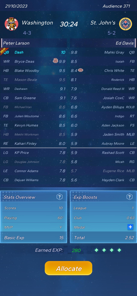 Football GOAT - Uma tela de estatísticas pós-jogo no Football GOAT exibindo avaliações de jogadores, placares de equipe e pontos de experiência ganhos.