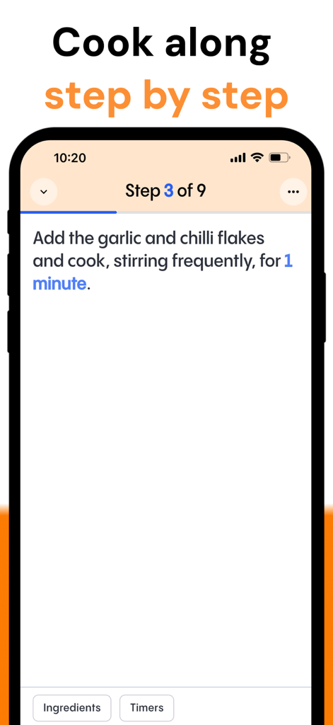 Reciply app screen showing a step by step cooking instruction for adding garlic and chilli flakes