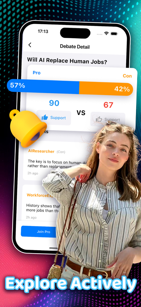 KloGli - A smartphone showing the KloGli app interface with a debate poll about AI replacing human jobs and user comments.