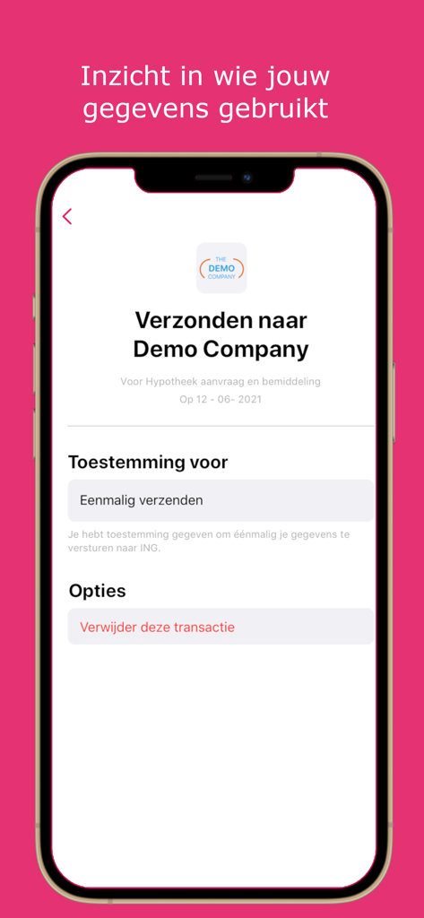 A mobile screenshot of the Ockto app showing a confirmation of financial data securely sent to a company for a mortgage application.