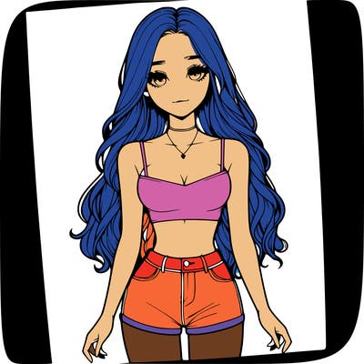 a realistic girl with long hair and in a crop top and shprts