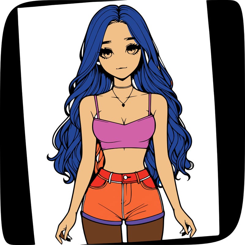 a realistic girl with long hair and in a crop top and shprts