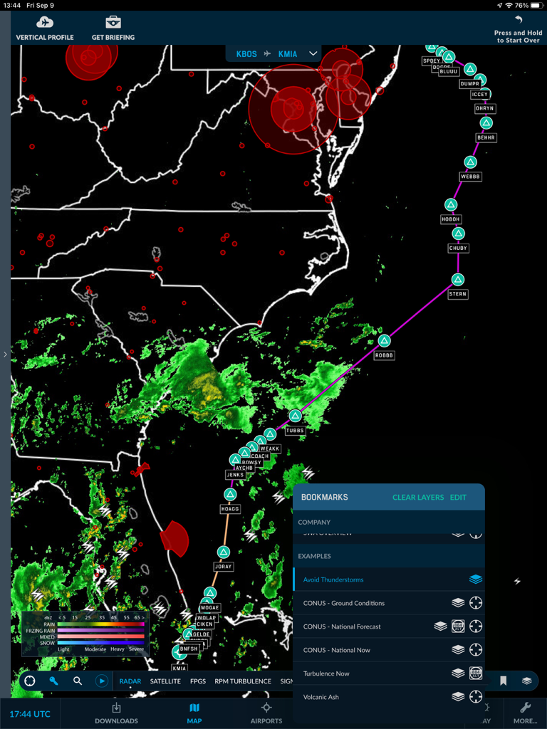 WSI Pilotbrief Optima - Aviation flight map showing weather radar overlays and navigation waypoints for professional pilots
