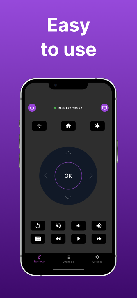 Remote for Roku・ - iPhone mostrando una interfaz de control remoto virtual simple para dispositivos Roku