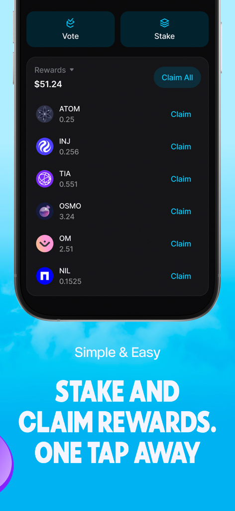Keplr - Crypto Wallet - Keplrモバイルアプリのインターフェース。複数のチェーンにわたる資産のステーキングと暗号通貨報酬の請求オプションが表示されています。
