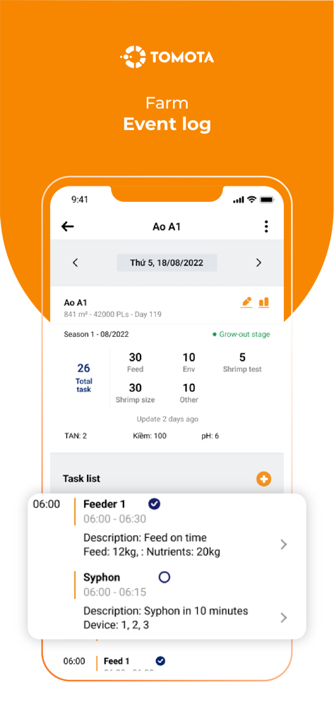 Registro degli eventi dell'allevamento dell'app Tomota che mostra attività dello stagno e dati ambientali