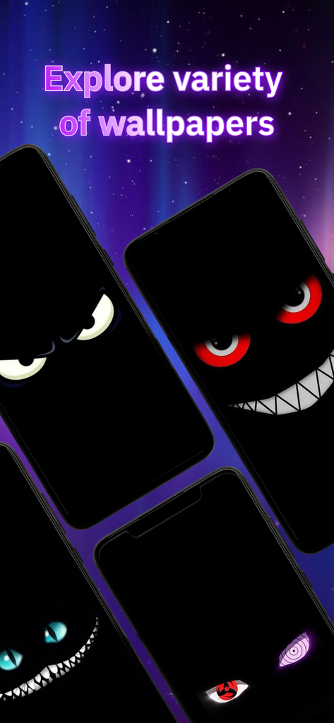 Silly Smiles Live Wallpapers - A collection of iPhones displaying various animated evil and silly smile wallpapers on black backgrounds.