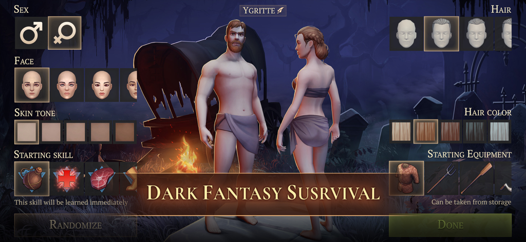 Menú de personalización de personajes en Grim Soul Survival Magic RPG que muestra opciones de género, rostro, cabello y habilidades iniciales.