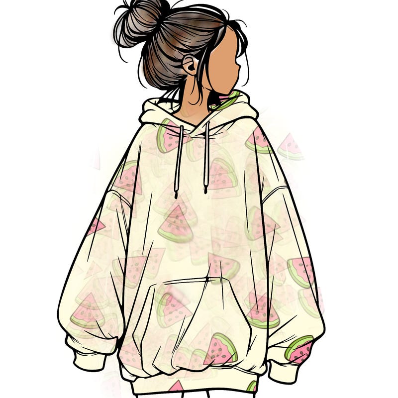 realistic girl with a oversized sweatshirt on and a bun