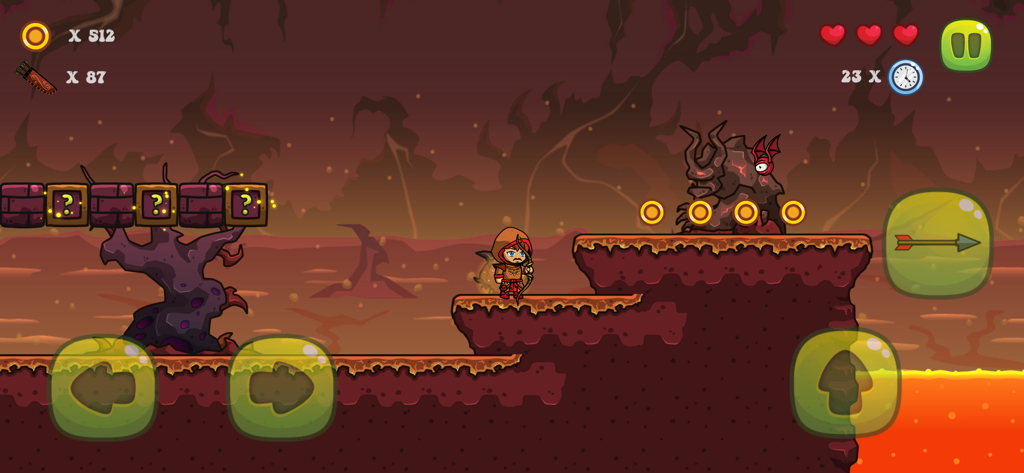 Archer's World - Archer character navigating a volcanic level with coins and monsters in Archers World