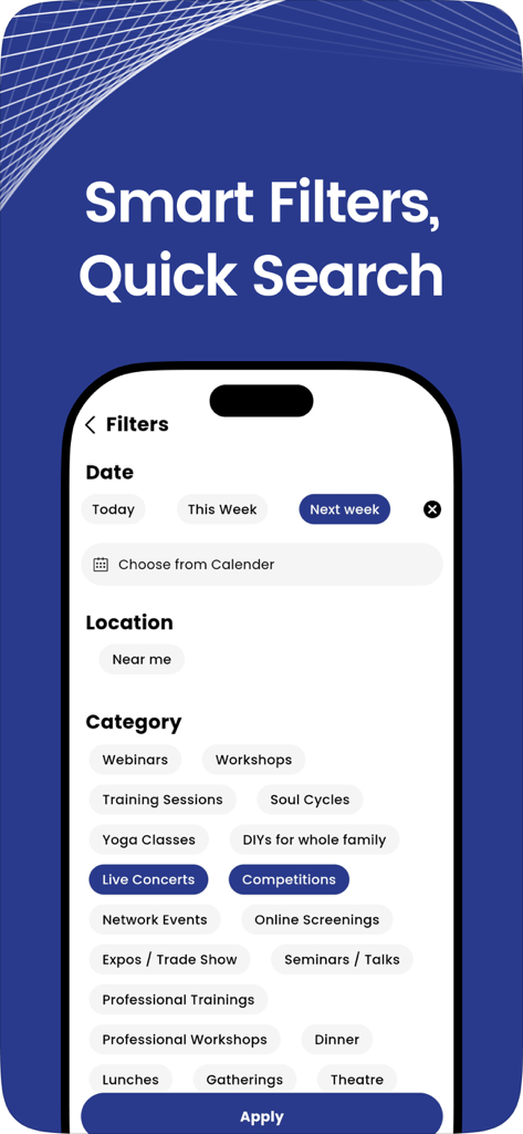 Frontline Ticketing app smart filters and quick search screen showing event categories like live concerts and competitions.