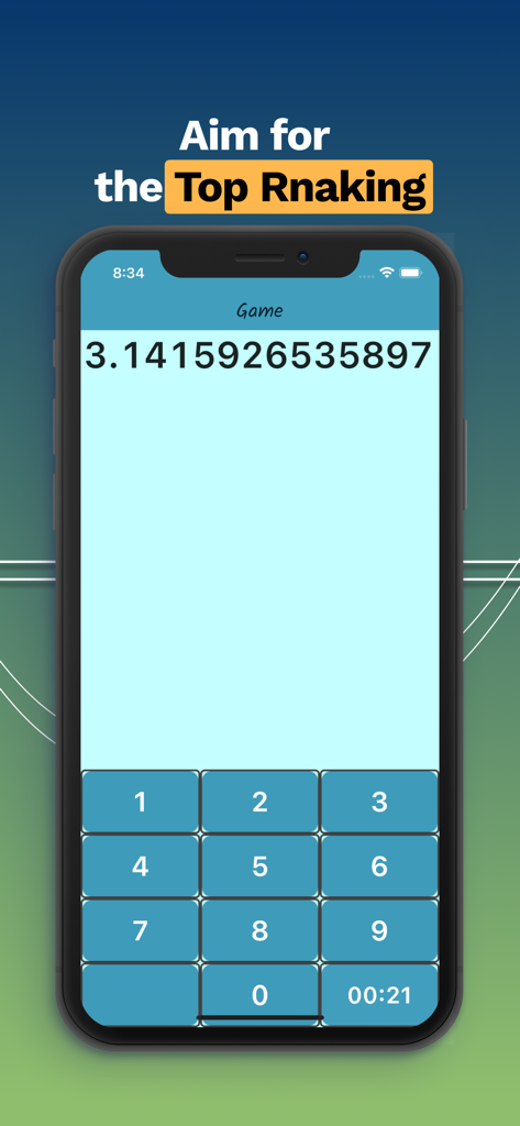 Pi Answer Game gameplay screen showing digits of pi and a numeric keypad for memory testing