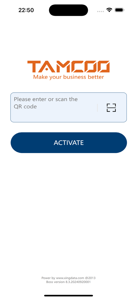 TK Boss app activation screen featuring the TAMCOO logo and a field to enter or scan a QR code