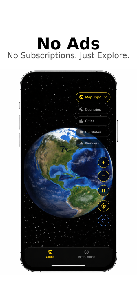 TrueGlobe - Interfaz de la aplicación móvil TrueGlobe que muestra un globo terráqueo 3D con controles de navegación y un encabezado 'Sin Anuncios'
