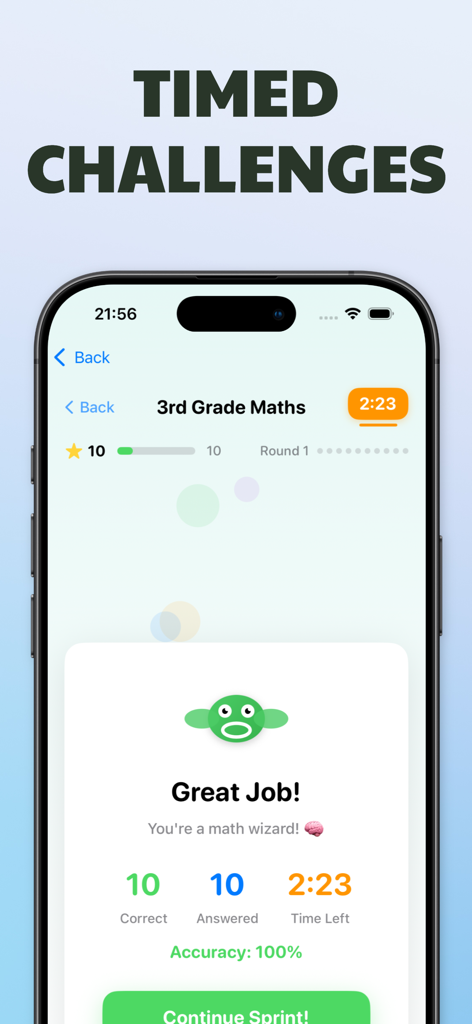 Screenshot of a 3rd grade math app showing a 100 percent accuracy score on a timed challenge.