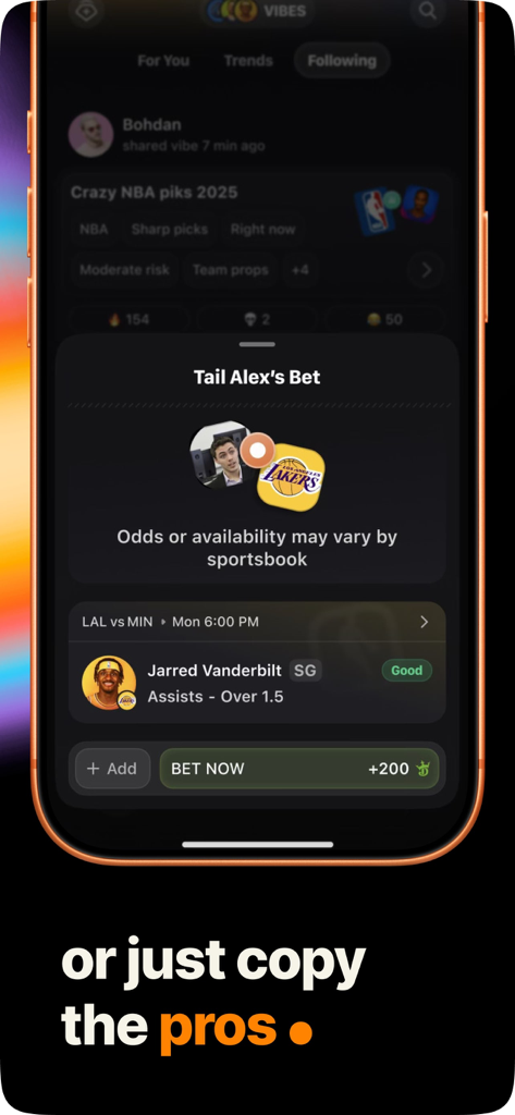 Oddible: AI Sports Betting - Oddible app interface showing the option to copy or tail professional sports bets with NBA player prop analytics.