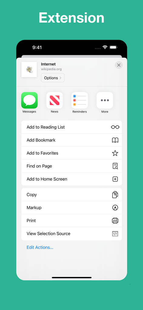 View Selection Source - La aplicación Ver Código Fuente Seleccionado integrada como una extensión de Safari dentro del menú de hoja de compartir de iOS.