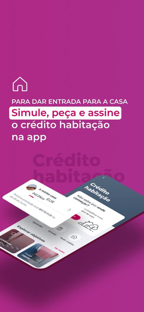 A mobile screen from the Millenniumbcp app displaying mortgage loan simulation and application options.
