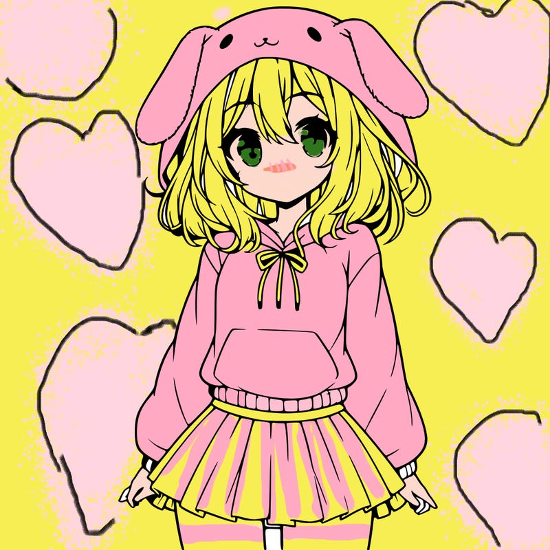pretty anime girl wearing a fluffy hoodie with bunny ears on the hood and a skirt