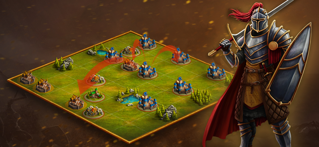 A medieval knight in full armor stands next to a tactical game map showing city attacks and strategy in Khan Wars.