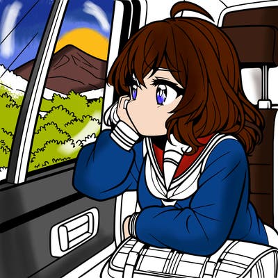 anime girl sighing with elbow on window sill on the back seat of the car looking outside the window of the car