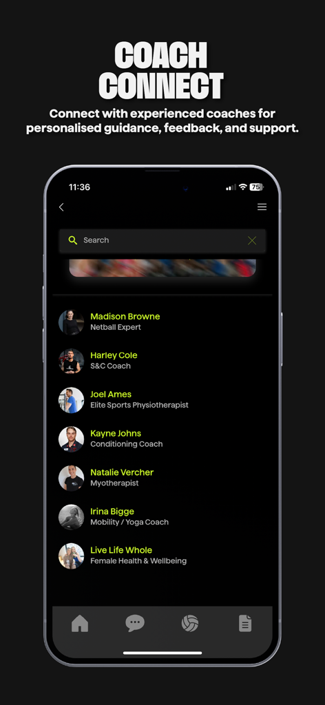 NetHub App - NetHub app Coach Connect screen listing professional netball and wellness experts