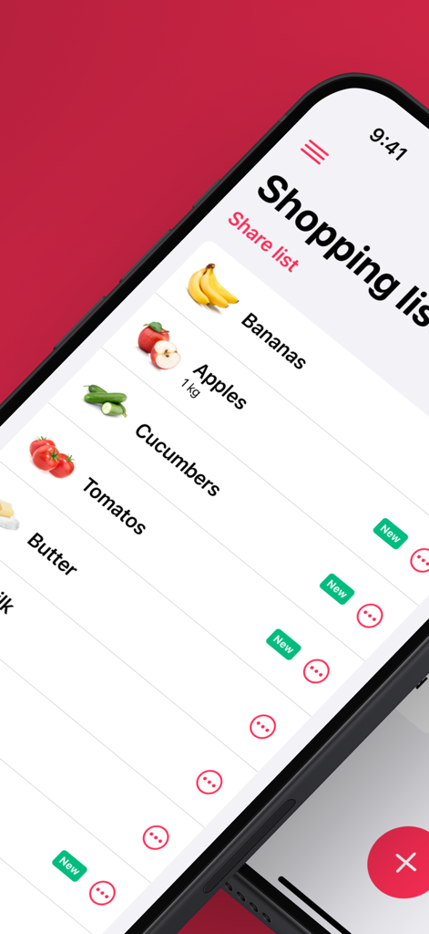 WeNeedアプリのモバイルインターフェース。果物や野菜などのアイテムが表示された共有ショッピングリストが表示されています。