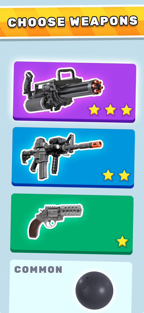 Weapon selection screen in Fury Cars showing minigun rifle and revolver upgrades