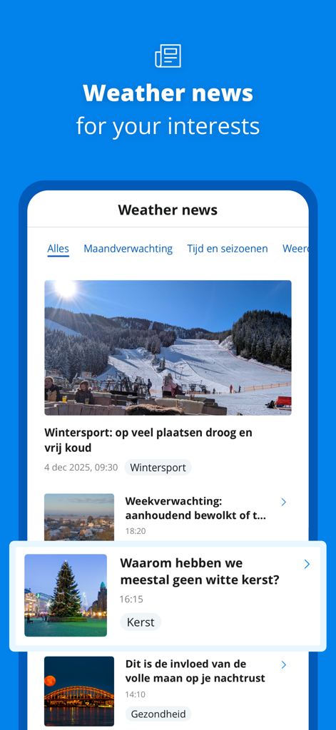 Screen displaying personalized weather news including winter sports updates and health articles