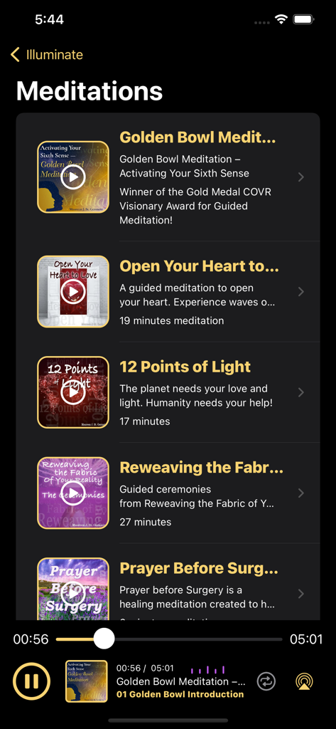 lluminate - A list of guided spiritual meditations in the Illuminate app interface including Golden Bowl and 12 Points of Light.