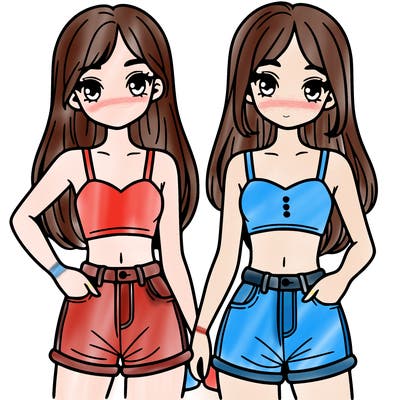 two sisters with crop tops and jean shorts and straight hair
