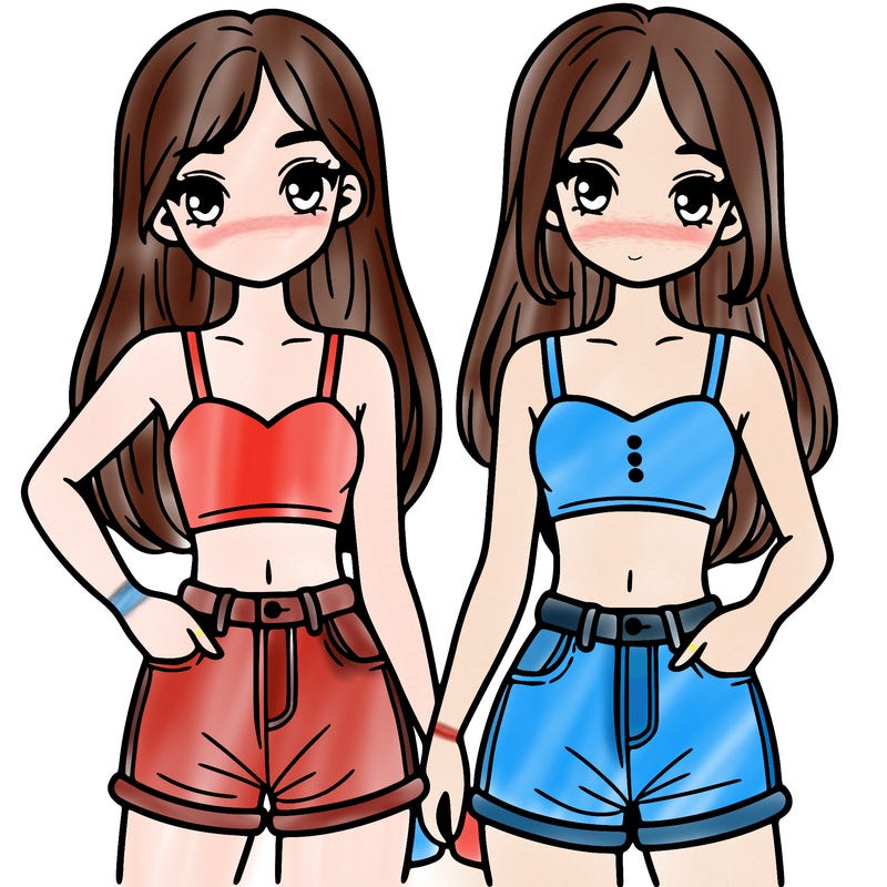 two sisters with crop tops and jean shorts and straight hair