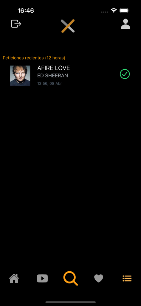 Listados KaraokeMedia ProX - Mobile app screen showing a recent karaoke song request for Ed Sheeran with a success checkmark