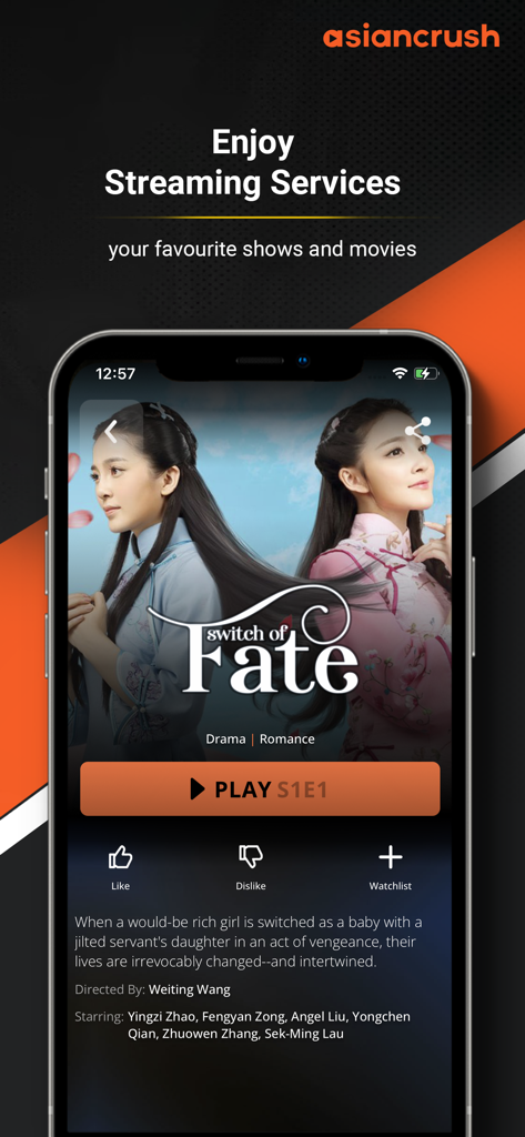 AsianCrush - Movies & TV - Smartphone displaying the AsianCrush app streaming interface with a drama series titled Switch of Fate.