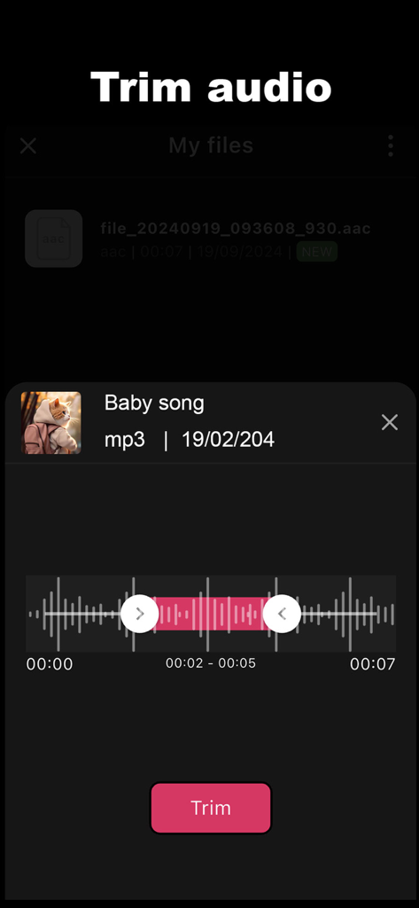 Video to Audio: Mp3 Converter - Video to Audio 앱에서 파형 선택기와 자르기 버튼이 있는 오디오 파일 자르기 인터페이스