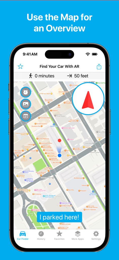Find Your Car with ARアプリのインターフェイス。駐車場所の2Dマップ概要が表示されています。