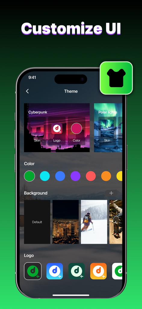 Offline Music Player,Spotubes - Pantalla de la aplicación Spotubes que muestra opciones de personalización de la interfaz de usuario para temas, colores, fondos y logotipos