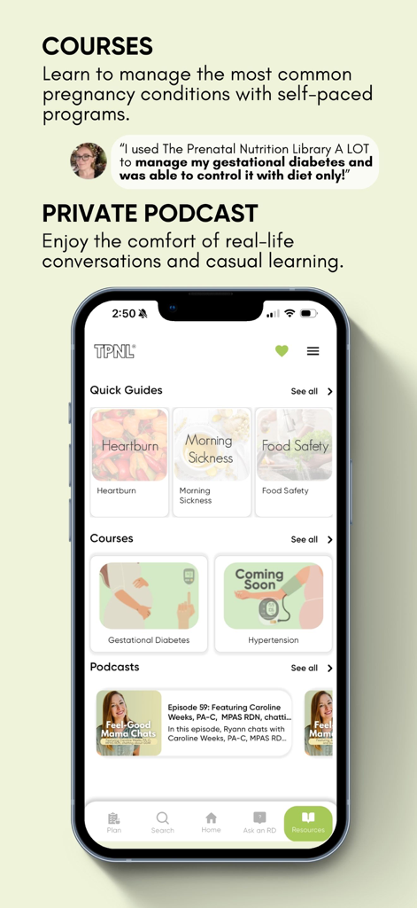 The Prenatal Nutrition Library - A mobile screen showing the courses and private podcast sections of The Prenatal Nutrition Library app for pregnancy health