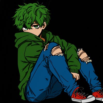 a male hoddie ripped jeans messy hair anime