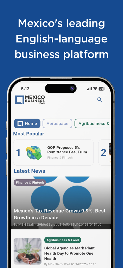 Mexico Business News - 멕시코 비즈니스 뉴스 모바일 앱 홈 화면으로 영어 비즈니스 기사 및 산업 카테고리 표시