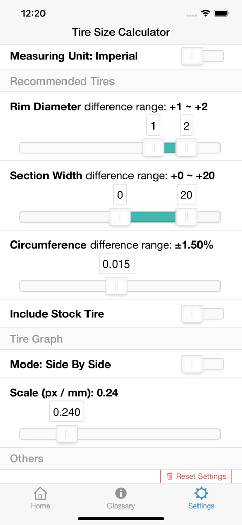測定単位とカスタマイズ用の範囲スライダーを表示するタイヤサイズ計算機アプリの設定画面