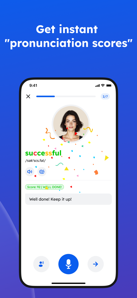 English Learning - Easy Speak - Interfaccia dell'app Easy Speak che mostra un punteggio di pronuncia generato dall'IA per la parola "successful"